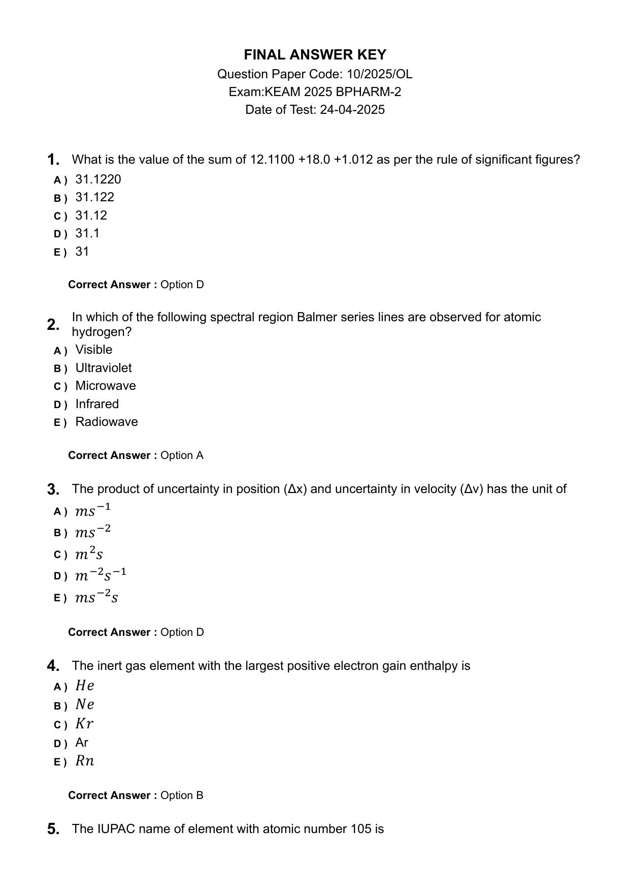 KEAM 2025 April 24 (Pharmacy - AN Session) Question Paper with Answer Key - Page 1