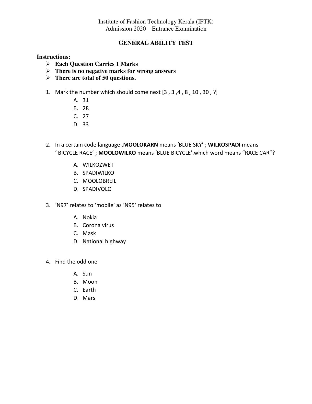 IFTK Entrance Exam General Ability Test Question Papers 2020 - Page 1