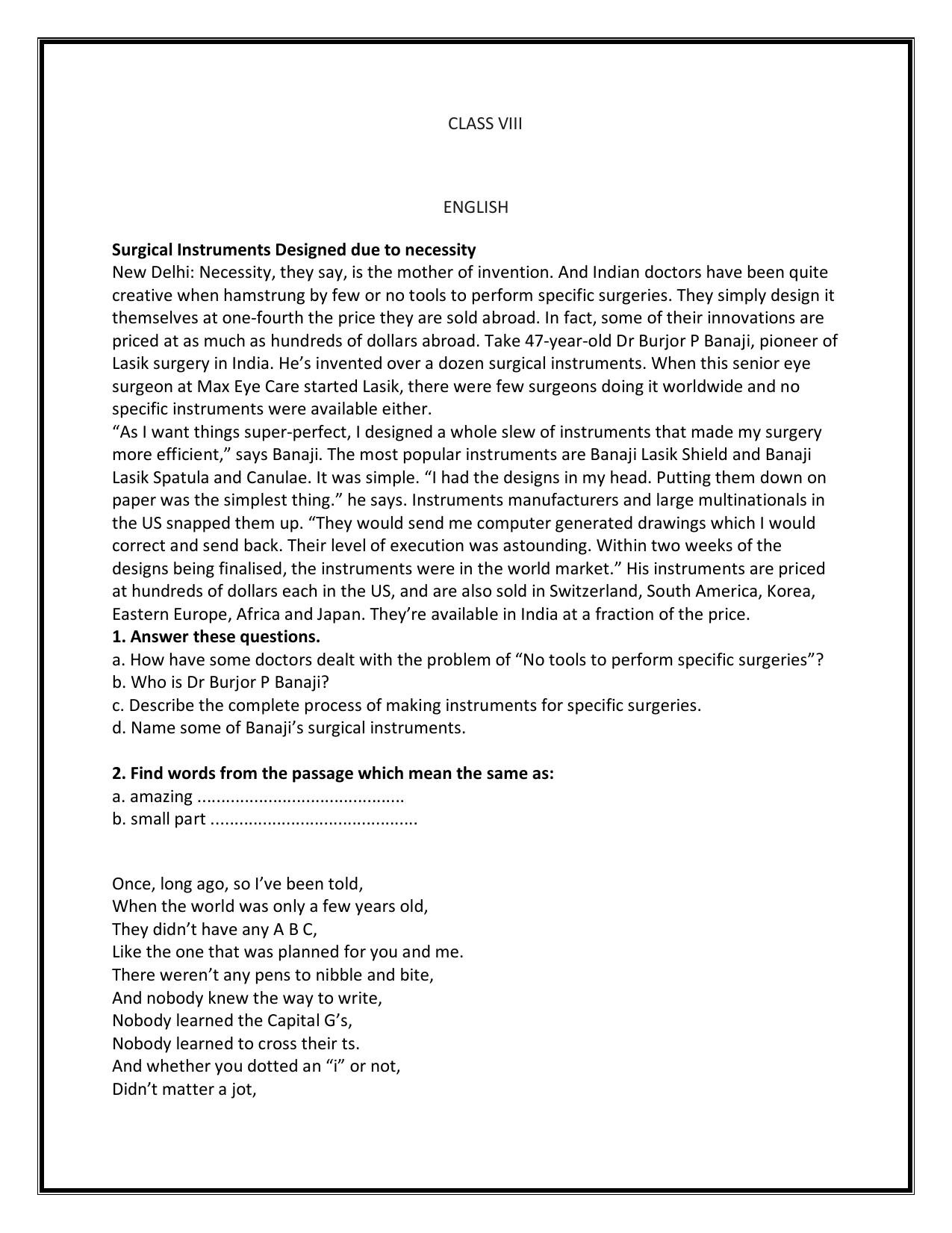 CBSE Class 8 English Worksheet Passage Assignment 1 - Page 1