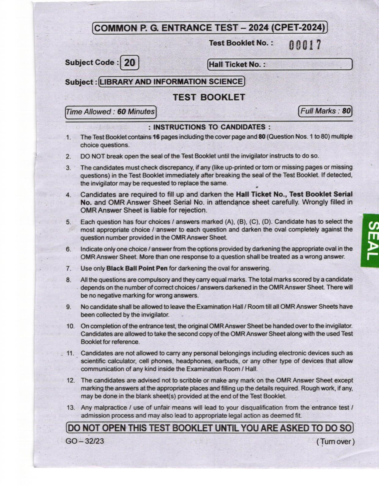 Odisha CPET 2024 LIBRARY SCIENCE Question Papers - Page 1