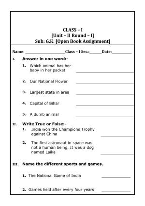 Worksheet for Class 4 General Knowledge Open Book Assignment Assignment 11