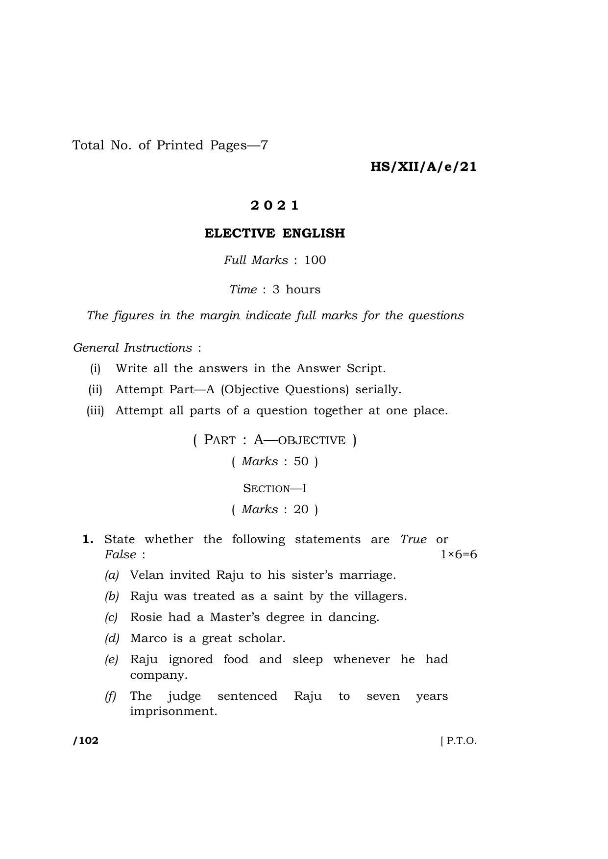 Meghalaya Board (MBOSE) Class 12 ELECTIVE ENGLISH (HS-XII-A-e-21) 2021 Question Paper - Page 1