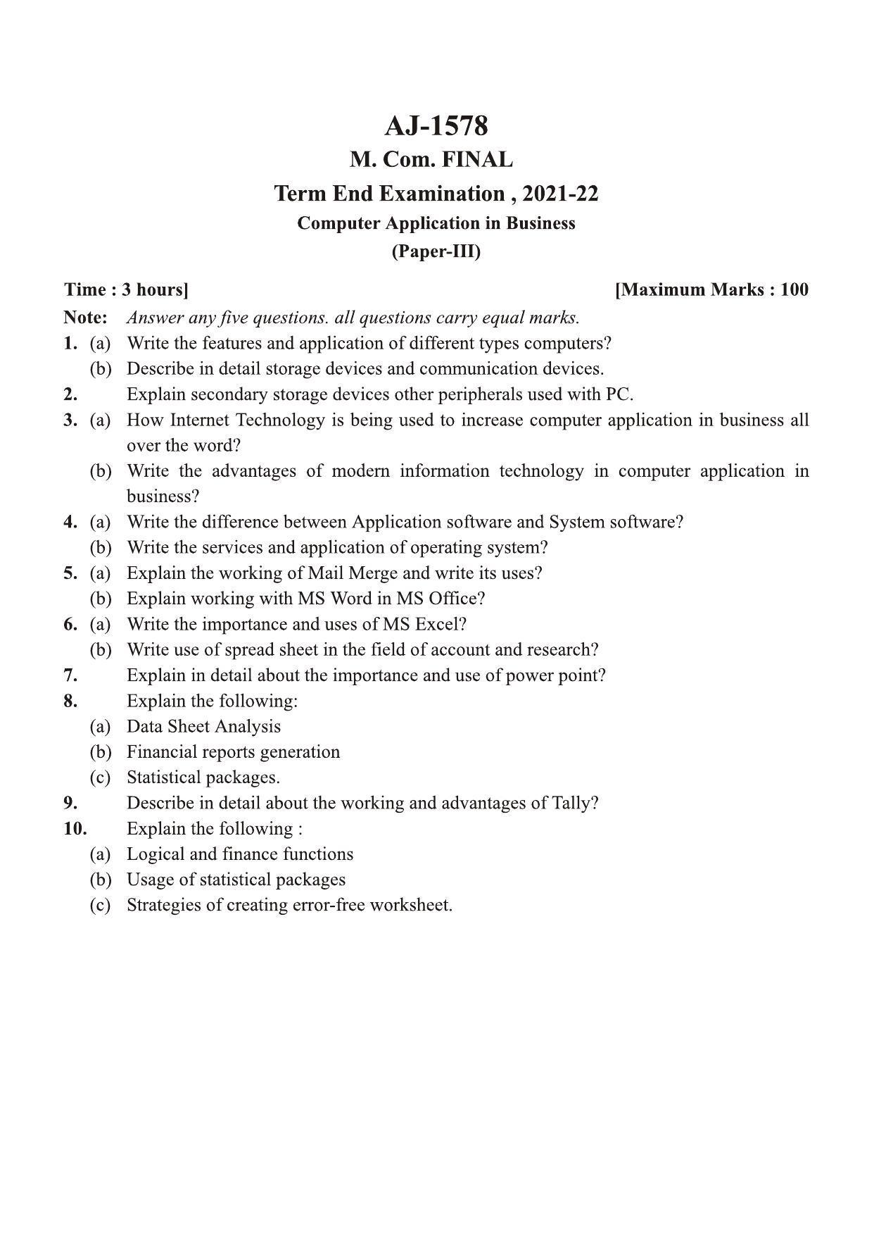 Bilaspur University Question Paper 2021-2022:M.COM (Final) Computer Application In Business Paper 1 - Page 1