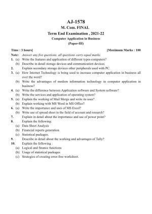 Bilaspur University Question Paper 2021-2022:M.COM (Final) Computer Application In Business Paper 1