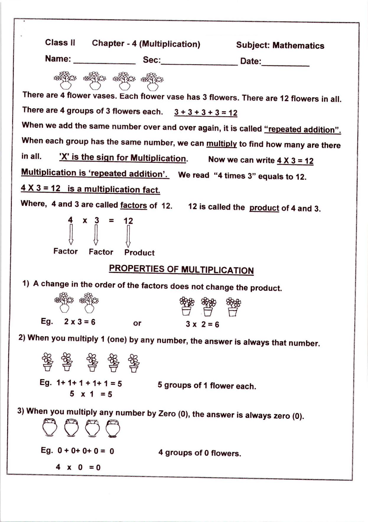 Worksheets for Class 2 Maths Assignment 27 Multiplication - Page 1