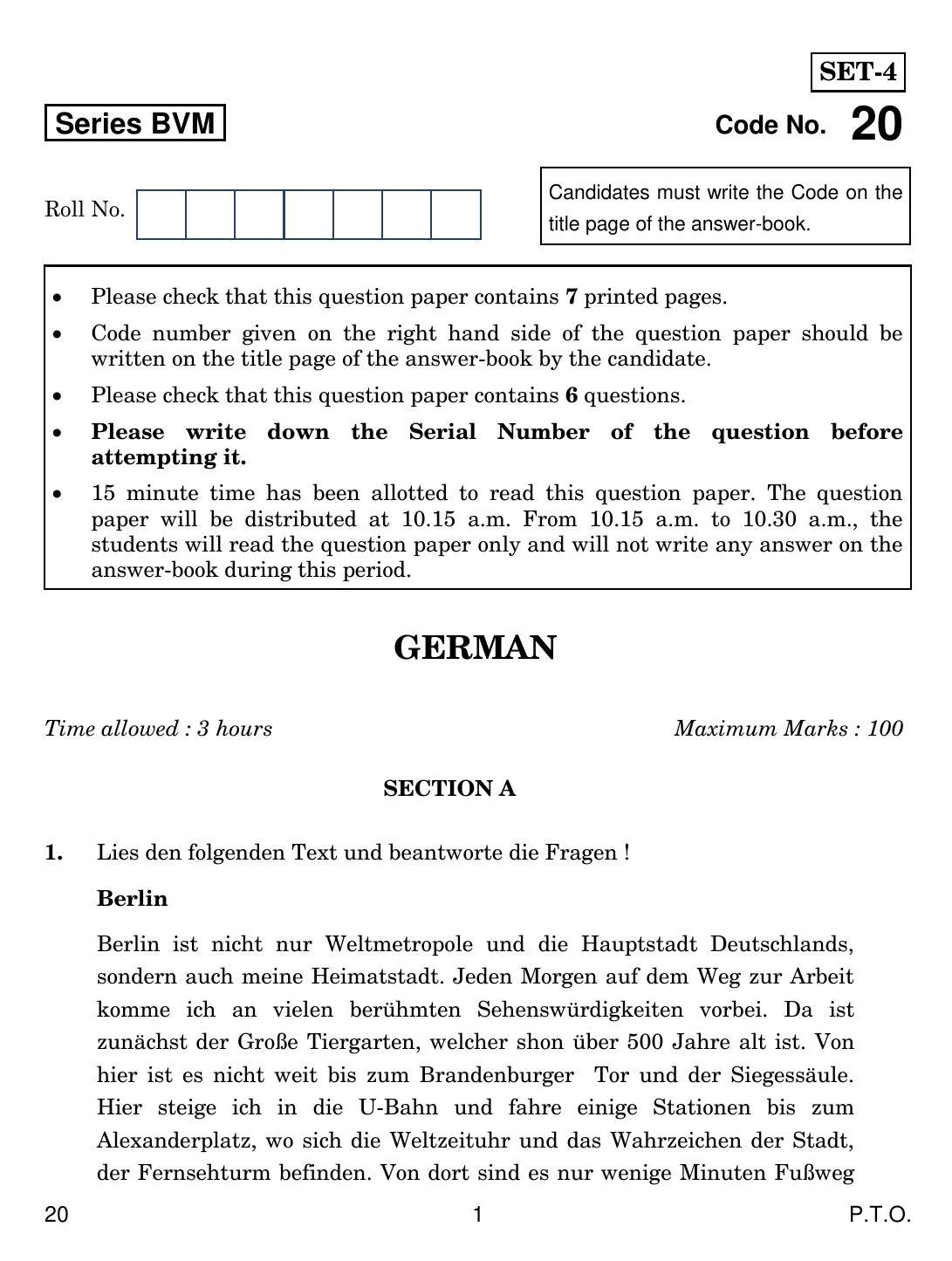 CBSE Class 12 20 German 2019 Question Paper - Page 1