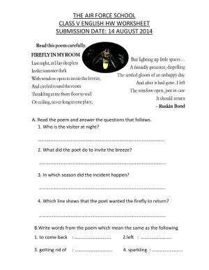 Worksheet for Class 5 English Firefly in my Room Assignment