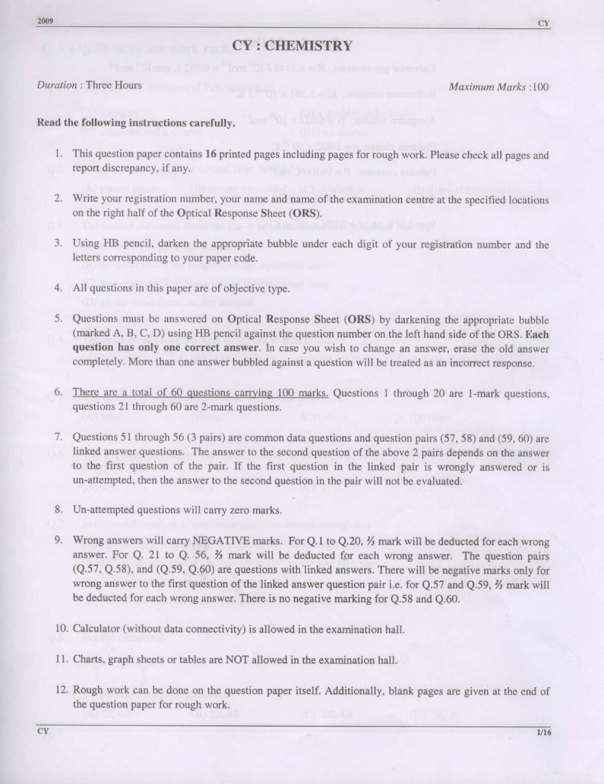 GATE 2009 Chemistry (CY) Question Paper with Answer Key - Page 1