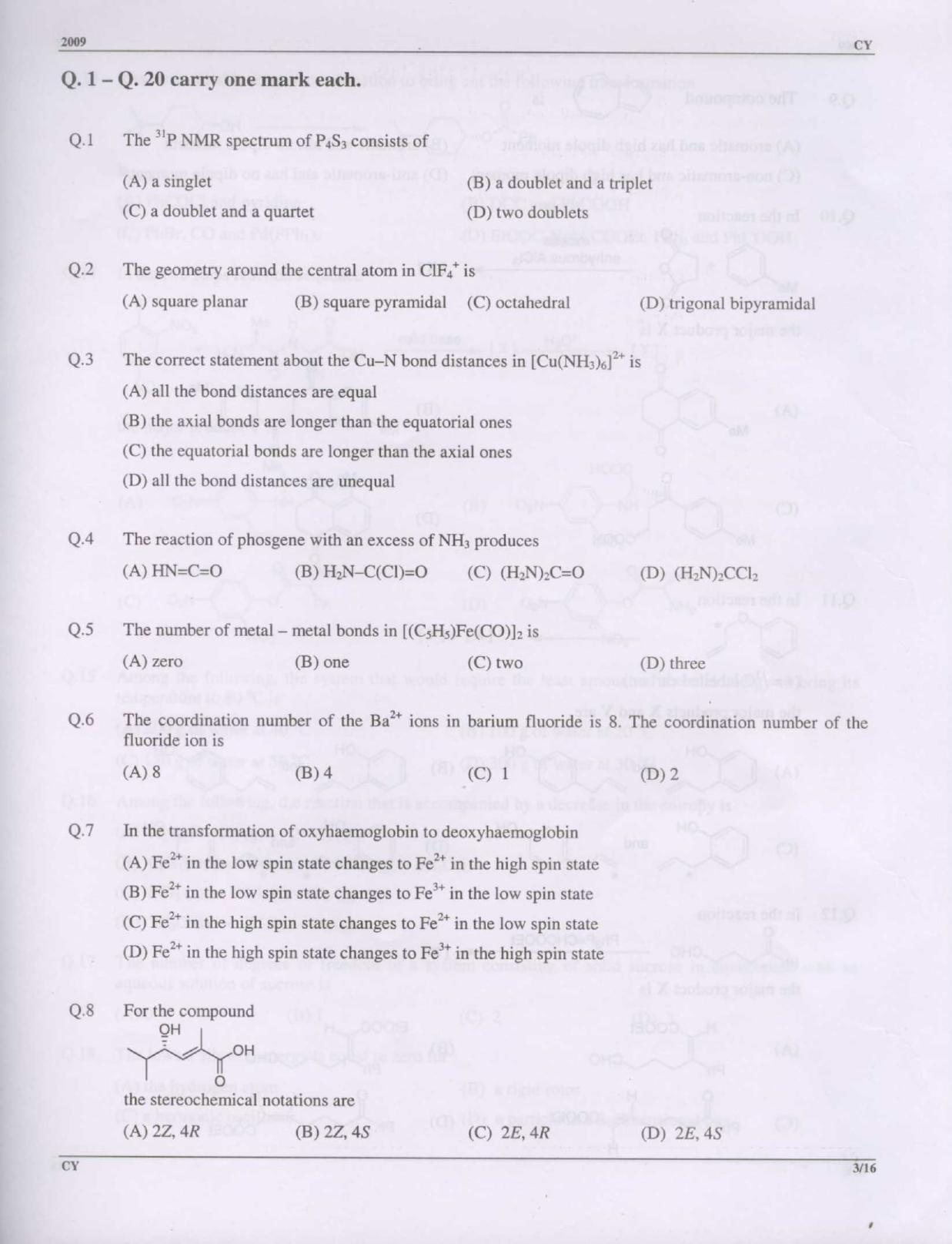 GATE 2009 Chemistry (CY) Question Paper with Answer Key - Page 3