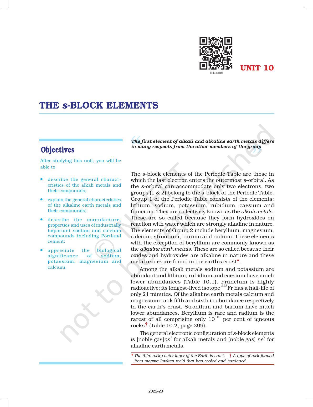 NCERT Book for Class 11 Chemistry Chapter 10 The s-block Elements - Page 1