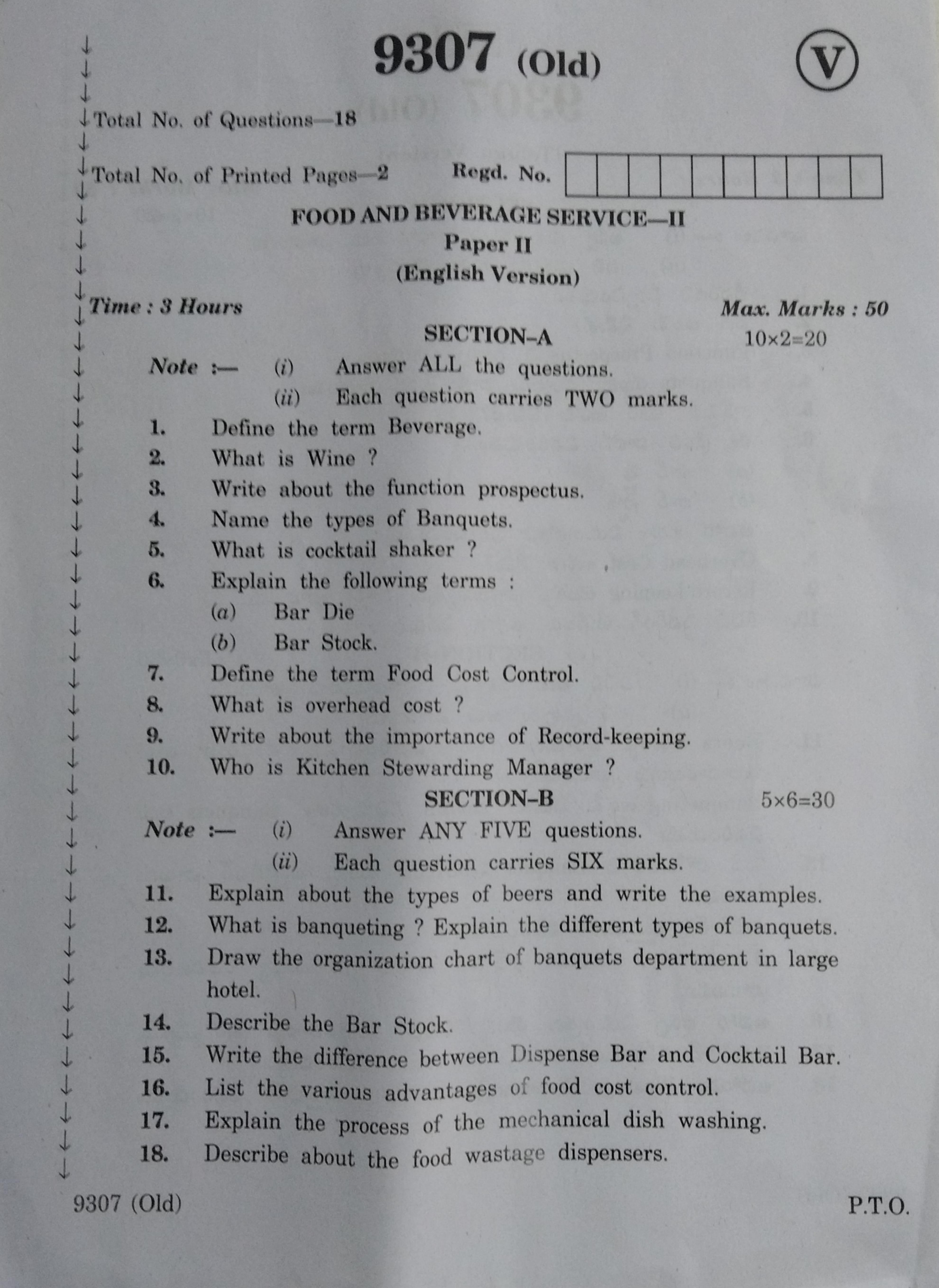 AP Inter 2nd Year Vocational Question Paper March - 2020 - Food and Beverage Service - II (old) - Page 1