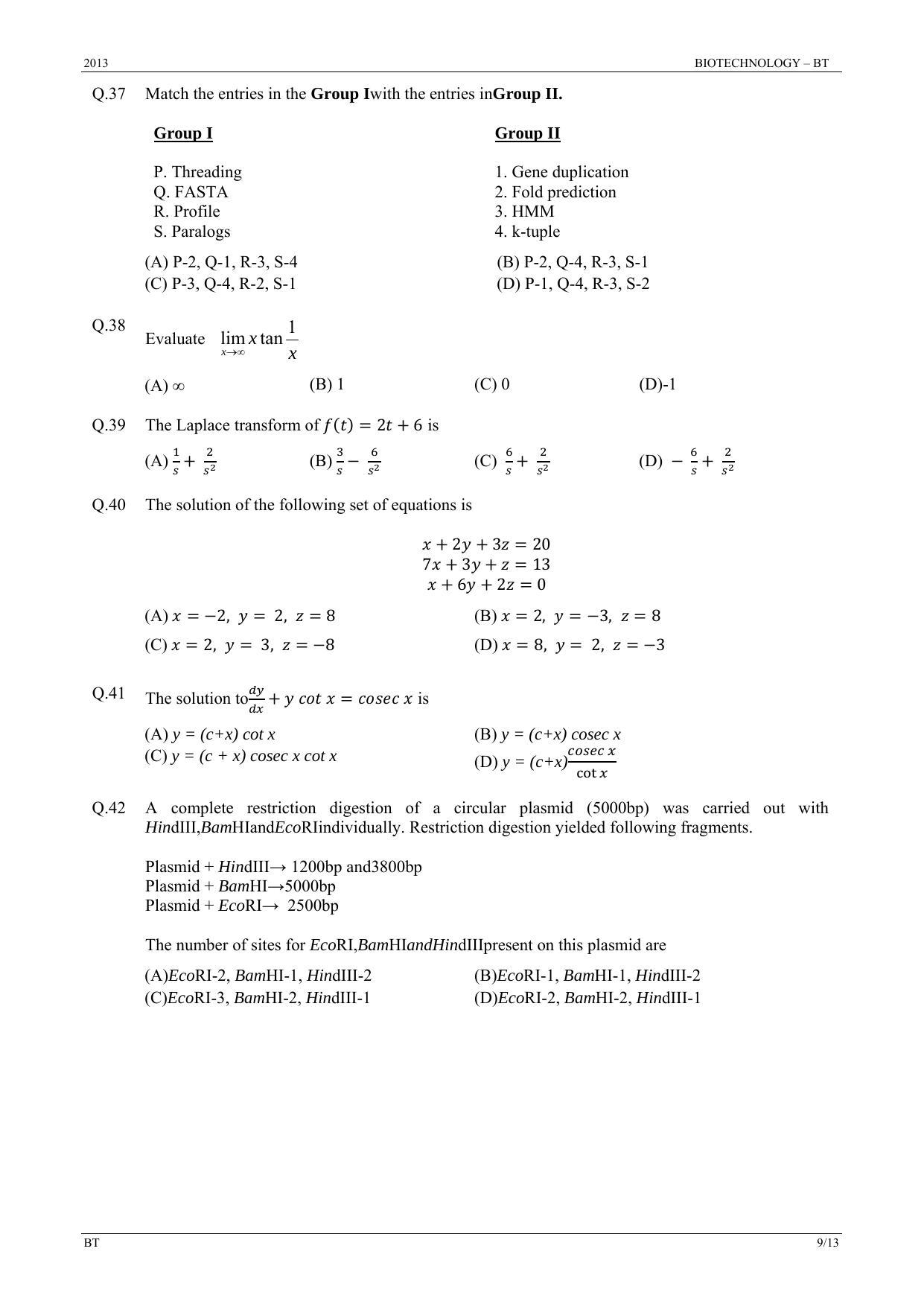 GATE 2013 Biotechnology (BT) Question Paper with Answer Key - Page 9