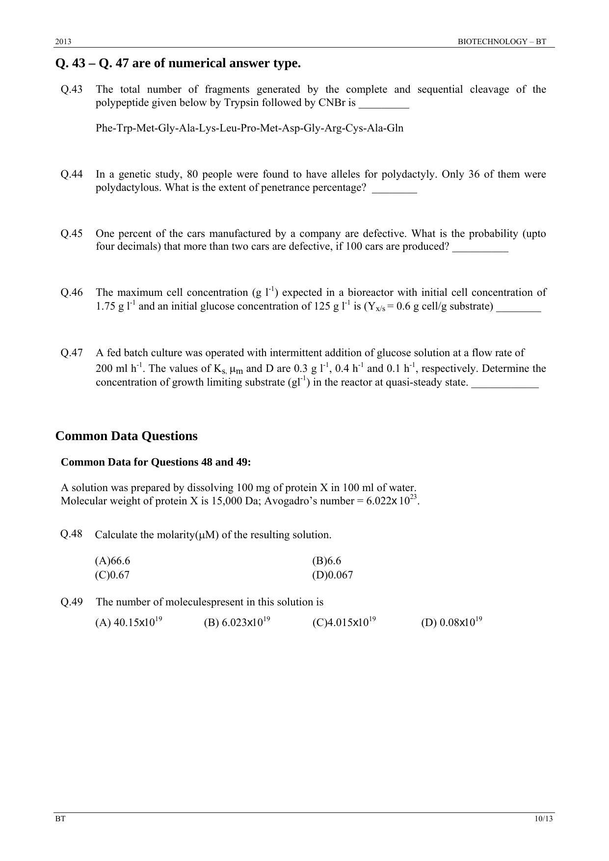 GATE 2013 Biotechnology (BT) Question Paper with Answer Key - Page 10
