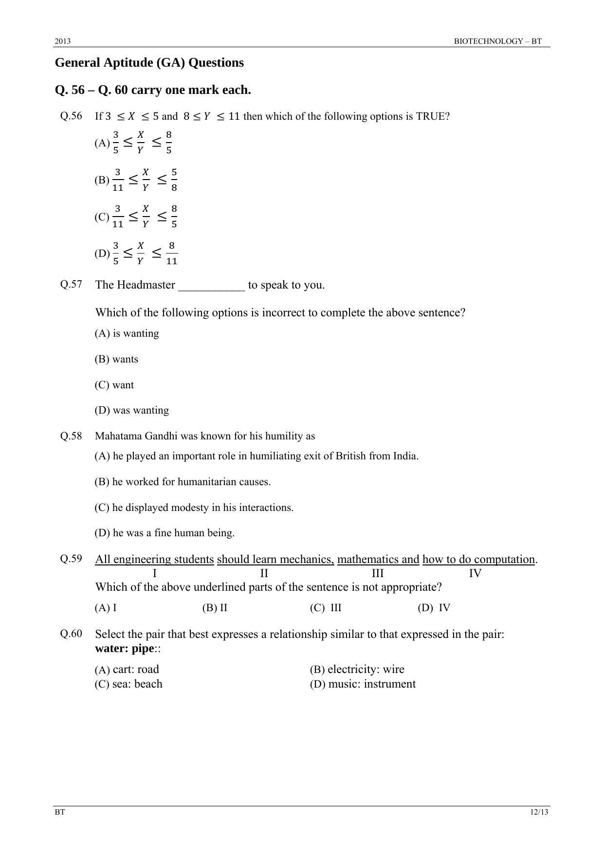 GATE 2013 Biotechnology (BT) Question Paper with Answer Key - Page 12