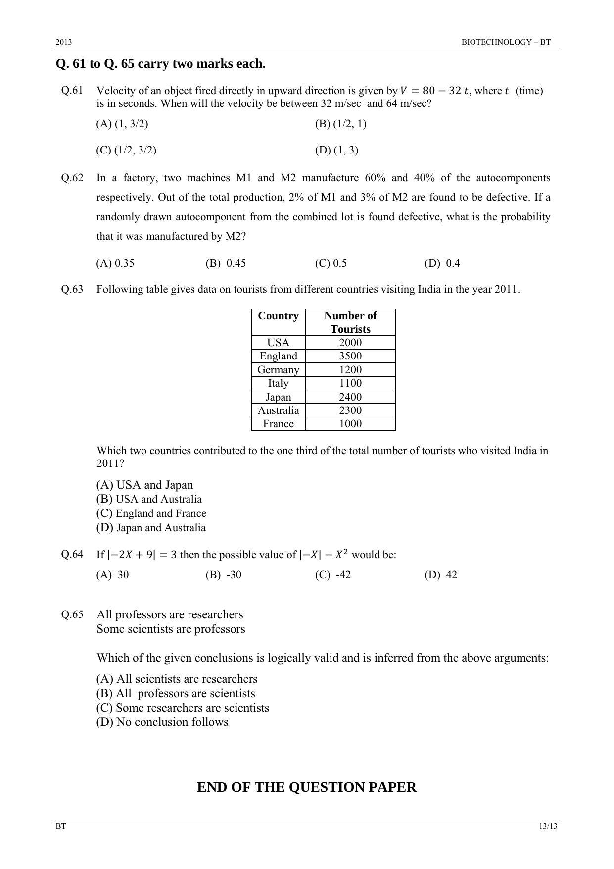 GATE 2013 Biotechnology (BT) Question Paper with Answer Key - Page 13