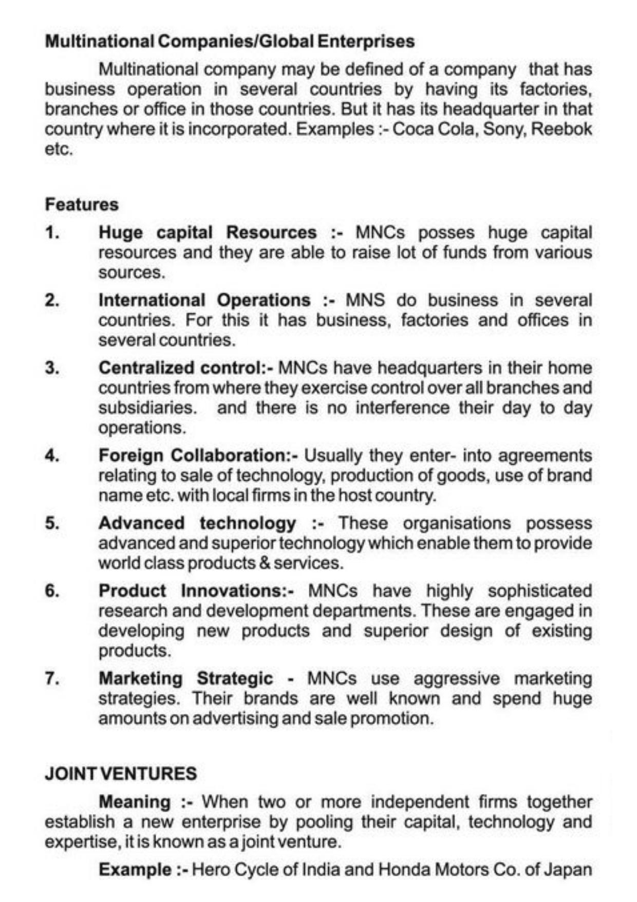 Class 11 Notes, Question & Practice Paper - Business Studies (Topic 3 : Private Public and Global Enterprises ) - Page 9
