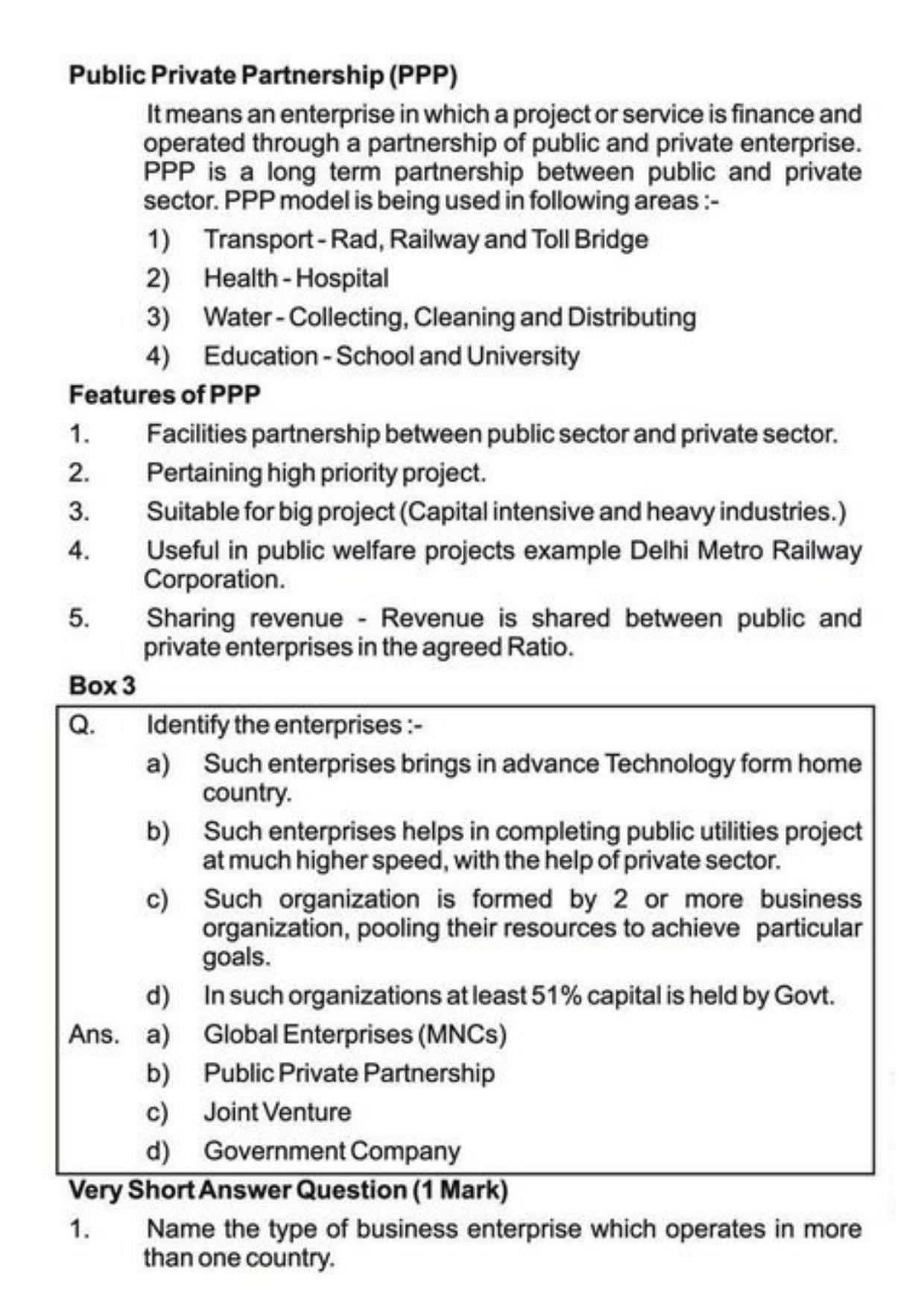 Class 11 Notes, Question & Practice Paper - Business Studies (Topic 3 : Private Public and Global Enterprises ) - Page 11