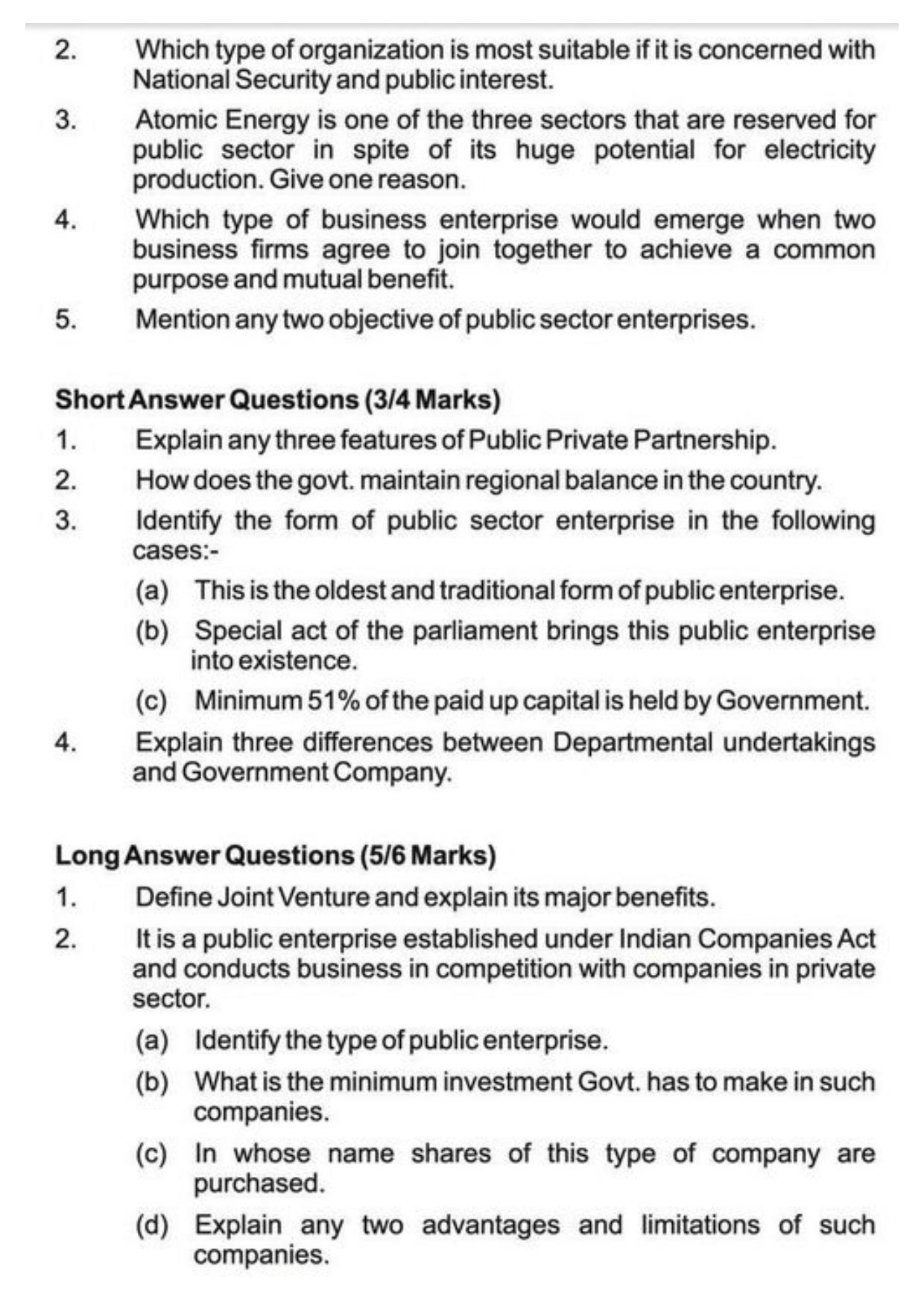 Class 11 Notes, Question & Practice Paper - Business Studies (Topic 3 : Private Public and Global Enterprises ) - Page 12