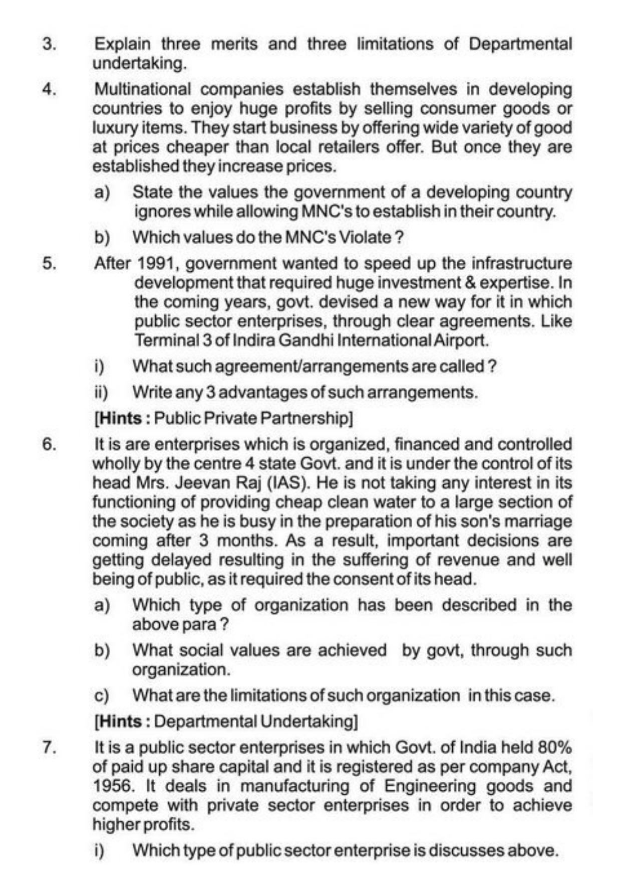 Class 11 Notes, Question & Practice Paper - Business Studies (Topic 3 : Private Public and Global Enterprises ) - Page 13