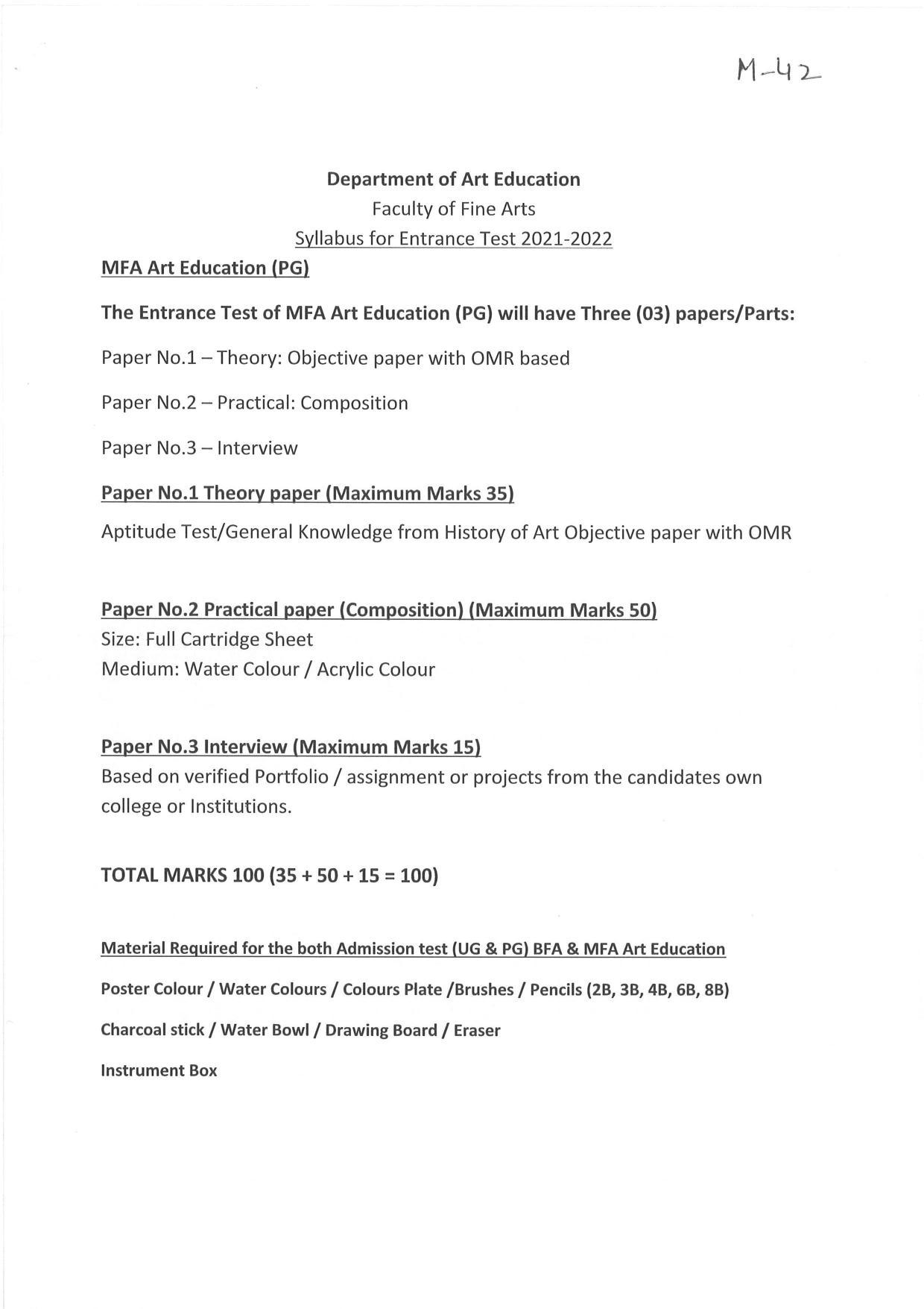 JMI Entrance Exam M42-M.F.A( Art Education) Syllabus - Page 1