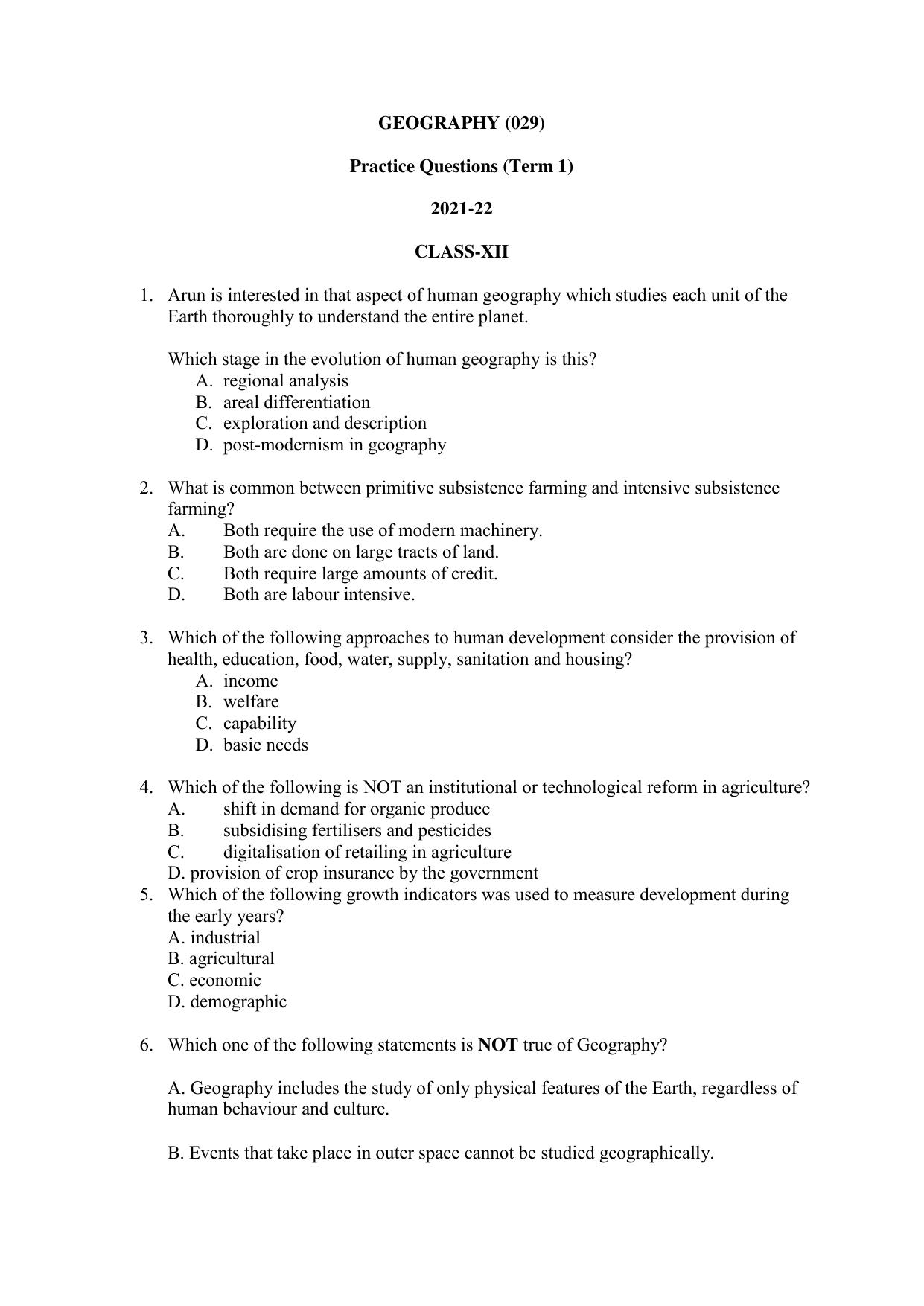 CBSE Class 12 Geography Term 1 Practice Questions 2021-22 - Page 1