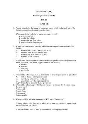 CBSE Class 12 Geography Term 1 Practice Questions 2021-22