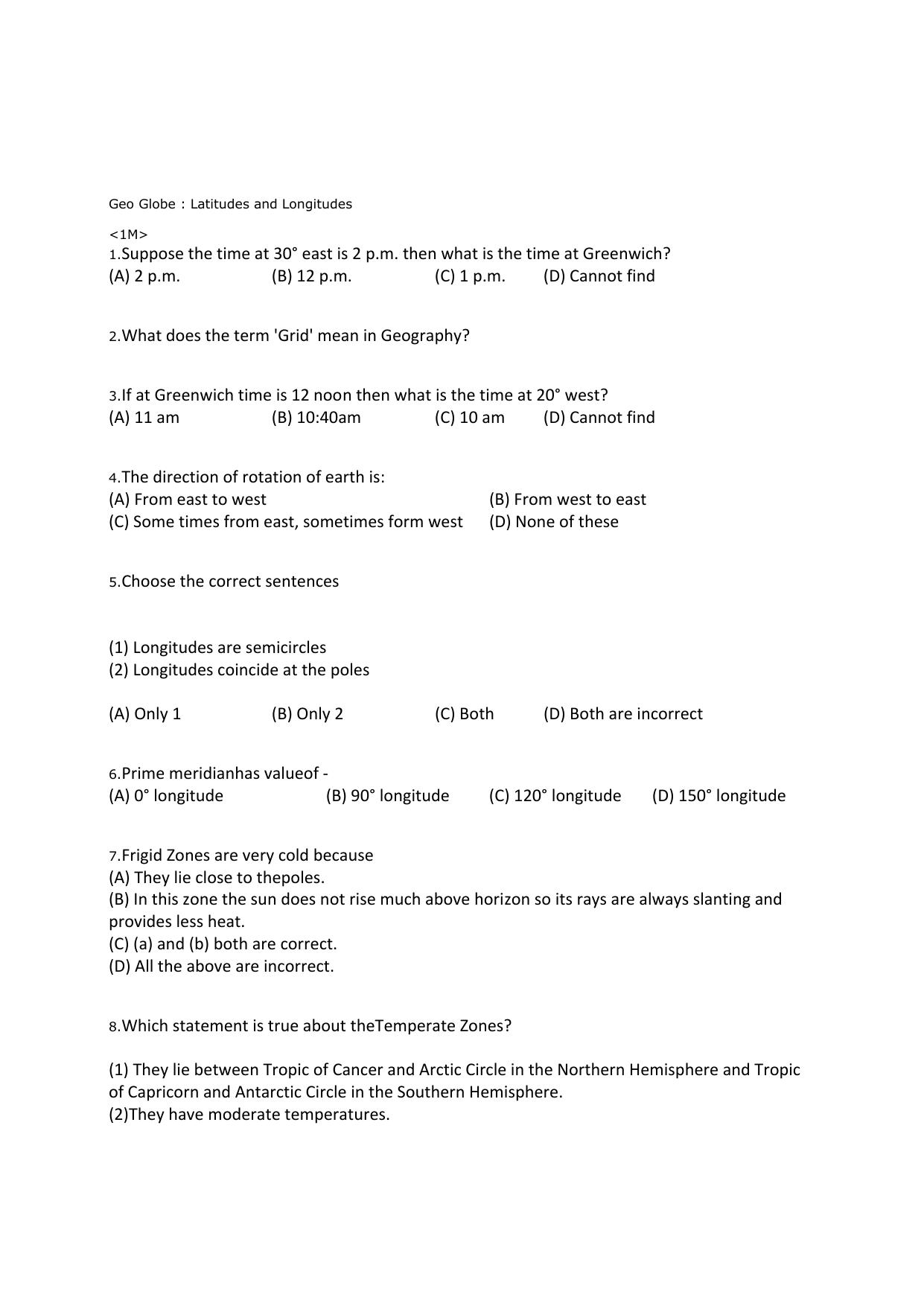 CBSE Worksheets for Class 6 Social Science Latitudes and Longitudes Assignment 1 - Page 1