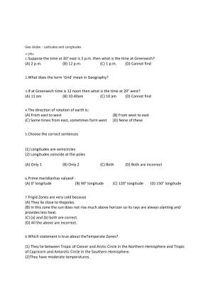 CBSE Worksheets for Class 6 Social Science Latitudes and Longitudes Assignment 1