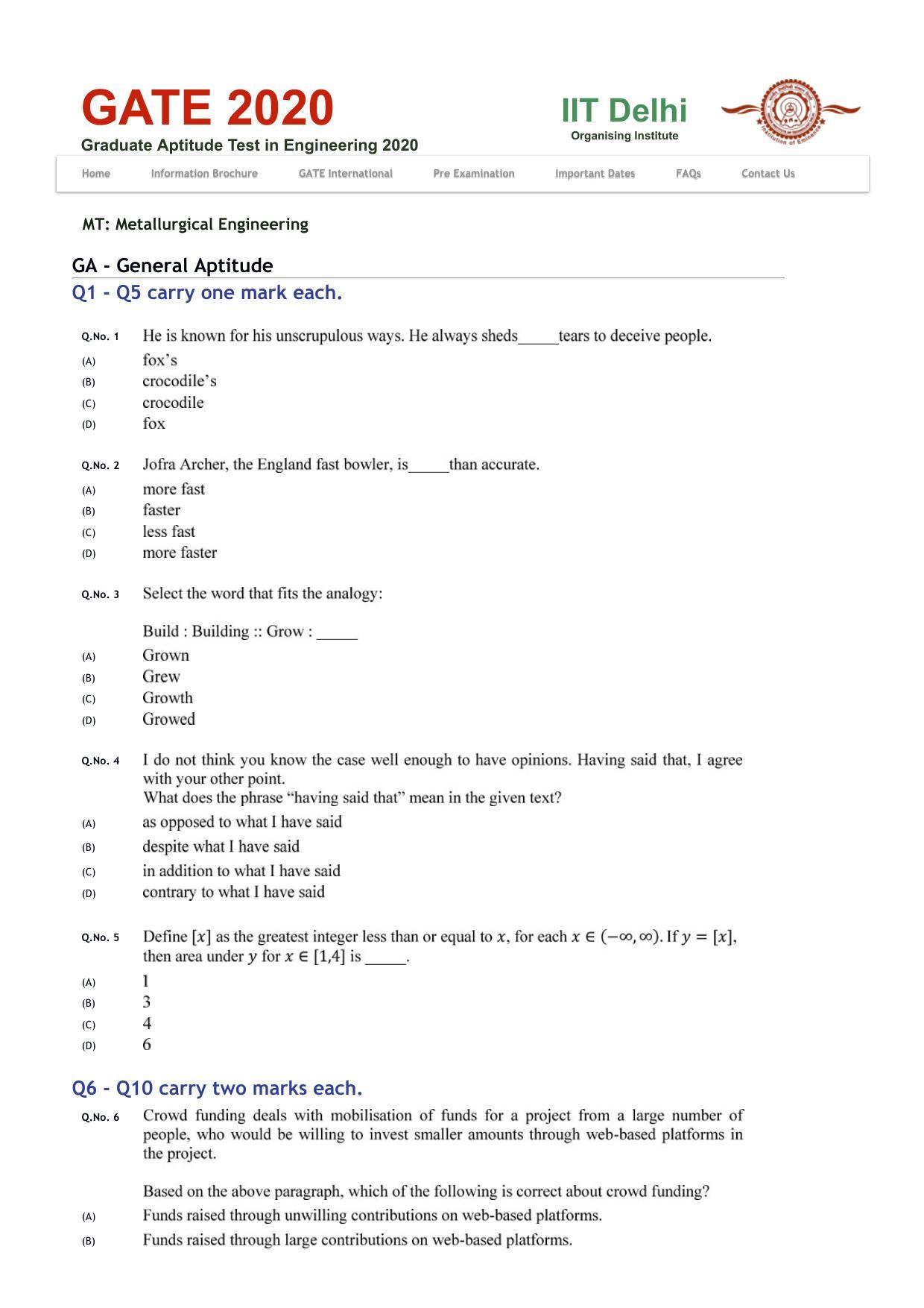 GATE 2020 Metallurgical Engineering (MT) Question Paper - Page 1