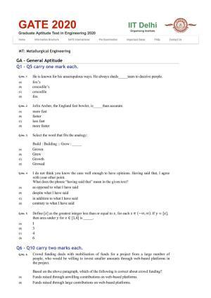 GATE 2020 Metallurgical Engineering (MT) Question Paper