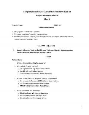 CBSE Class 10 German Marking Scheme and Solutions 2021-22