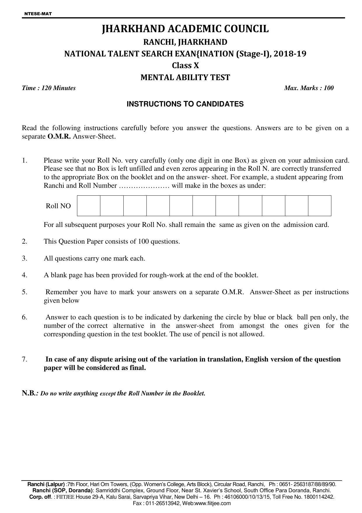 JAC NTSE (MAT & SAT) 2018-2019 Question Paper - Page 1