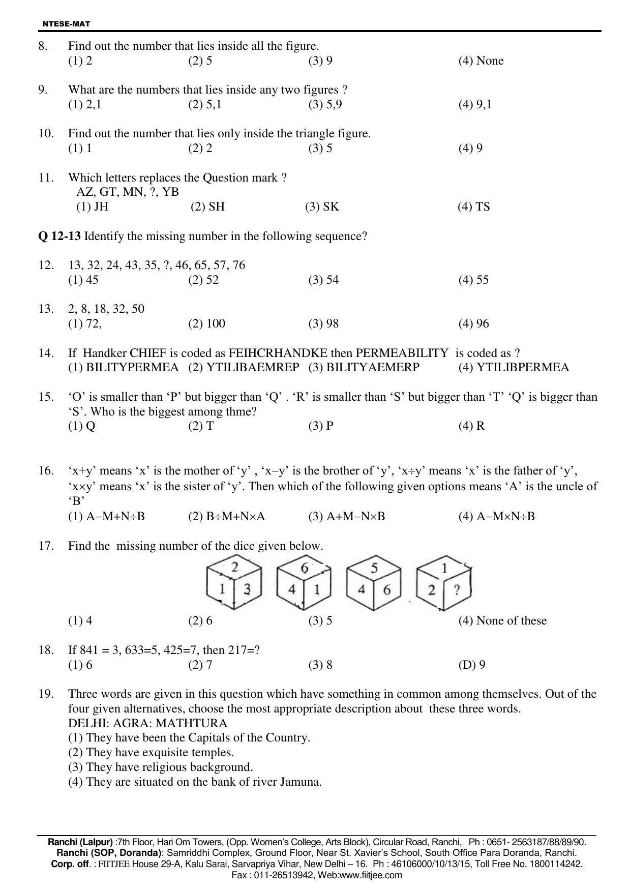 JAC NTSE (MAT & SAT) 2018-2019 Question Paper - Page 3