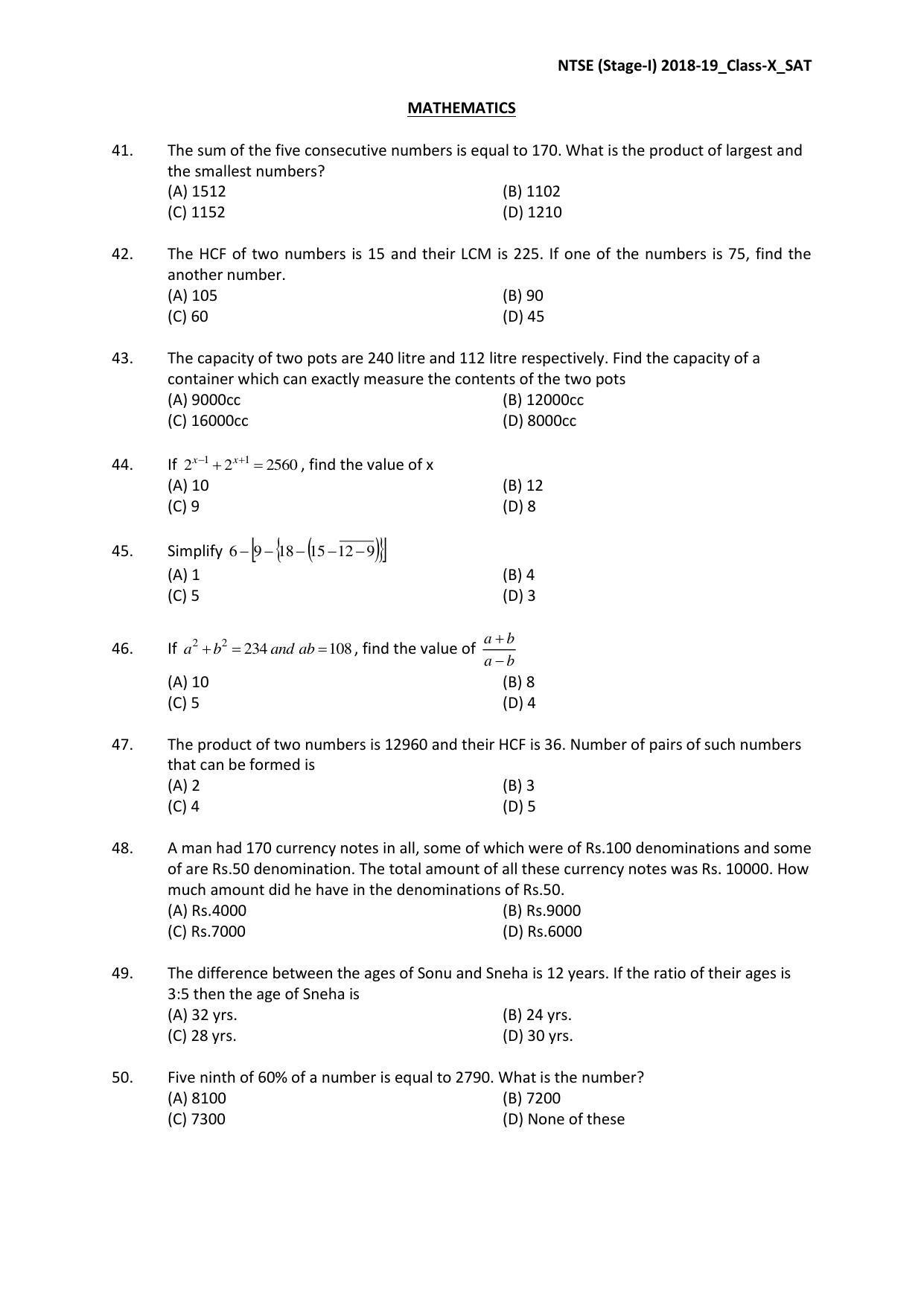 JAC NTSE (MAT & SAT) 2018-2019 Question Paper - Page 21