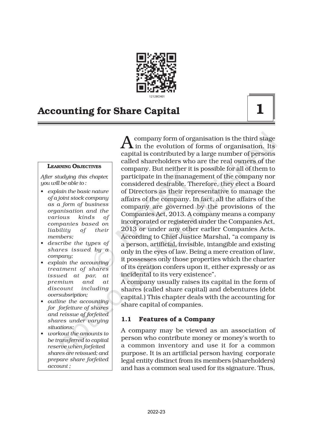 NCERT Book for Class 12 Accountancy Part II Chapter 1 Accounting for Share Capital - Page 1