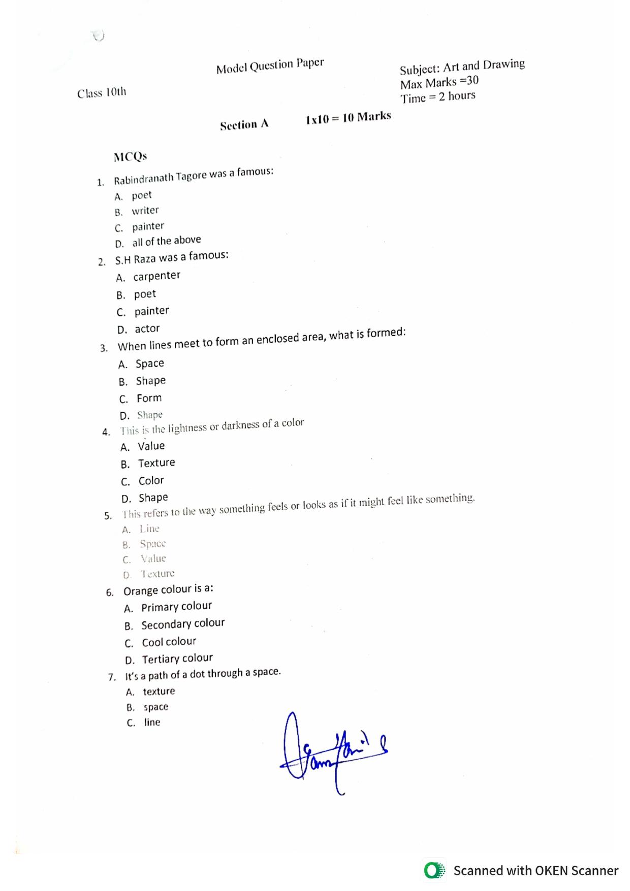 JKBOSE Class 10 CWSN Art and Drawing Model Question Paper - Page 1
