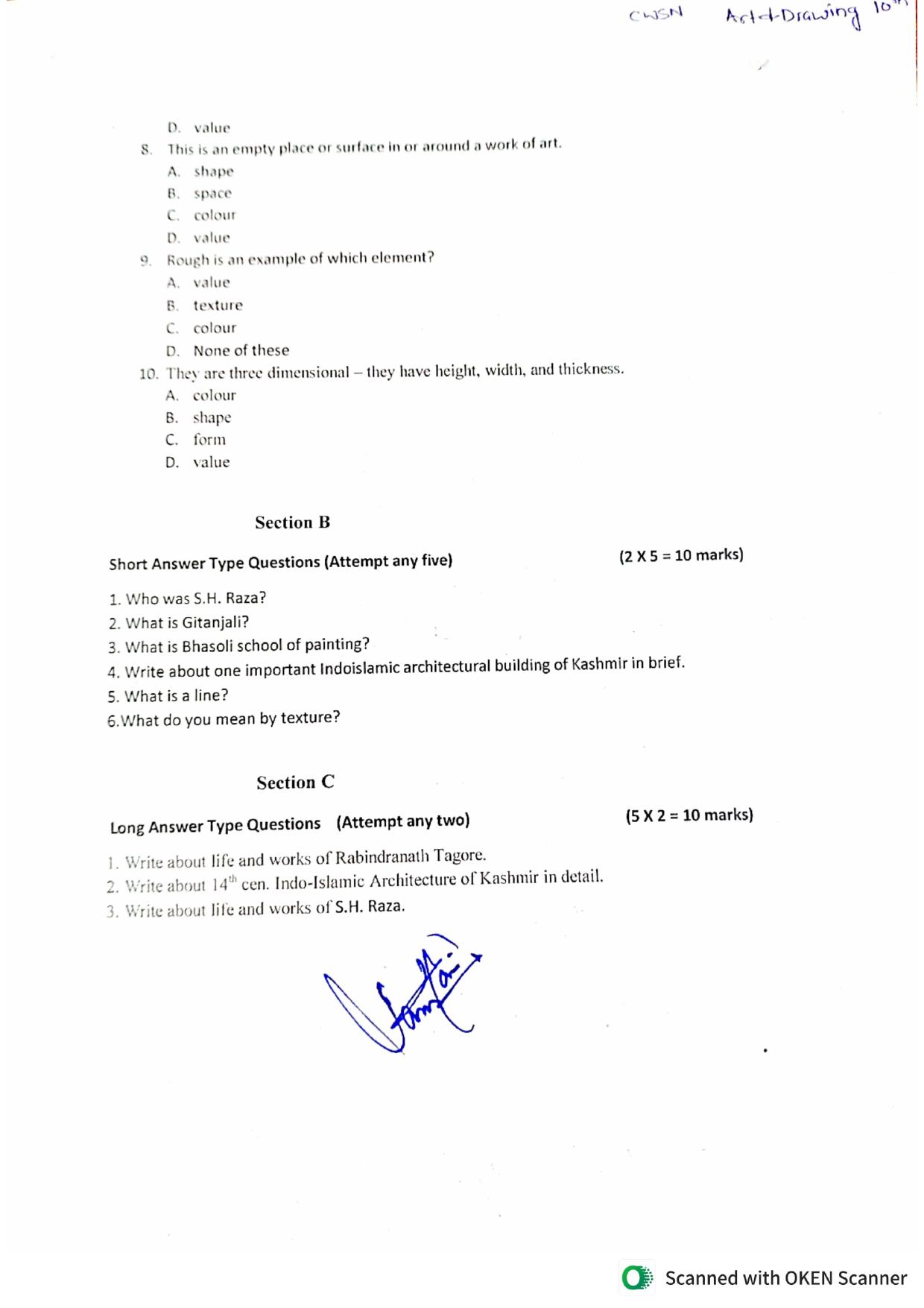 JKBOSE Class 10 CWSN Art and Drawing Model Question Paper - Page 2