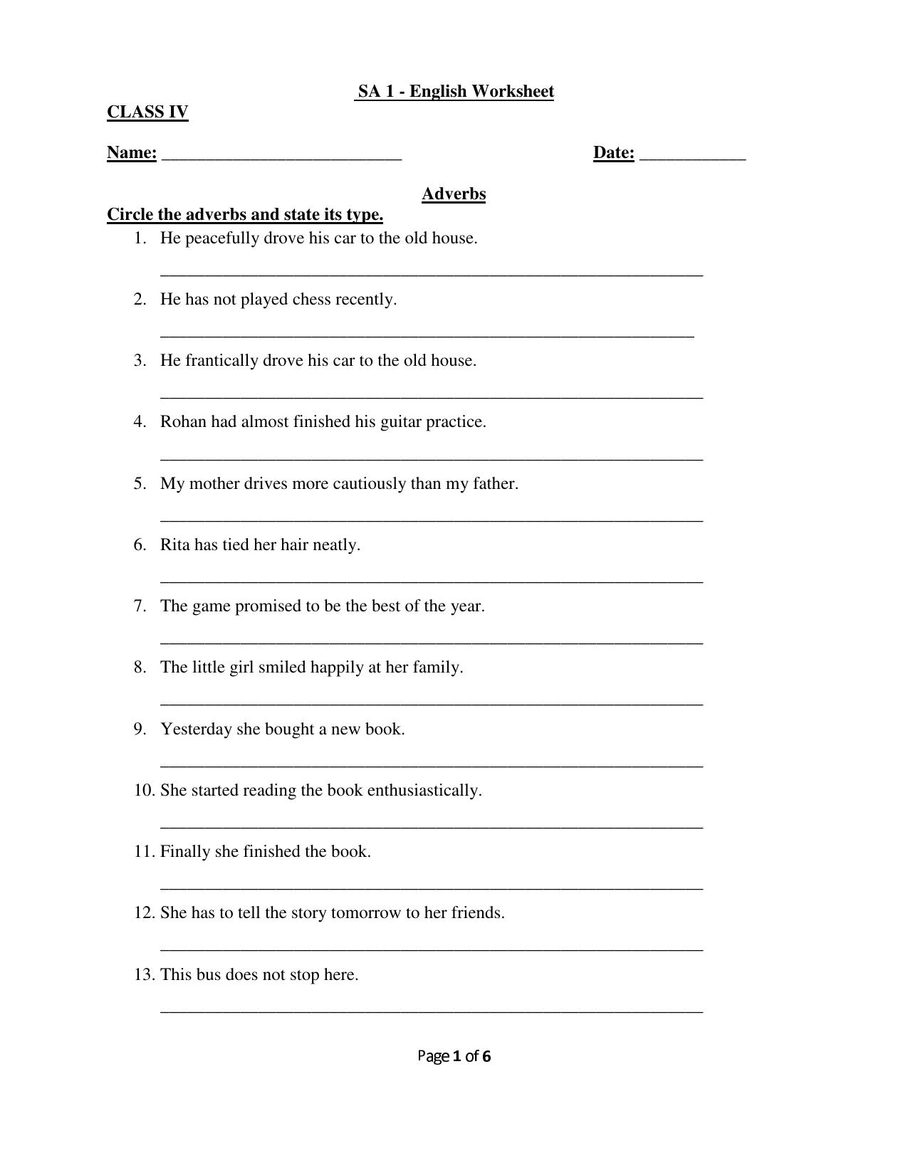 Worksheet for Class 4 English Assignment 68 - Page 1