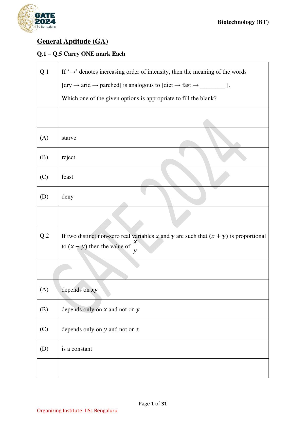 GATE 2024 Biotechnology (BT) Question Paper - Page 1