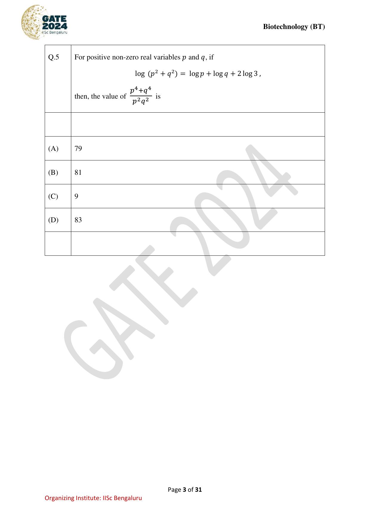 GATE 2024 Biotechnology (BT) Question Paper - Page 3