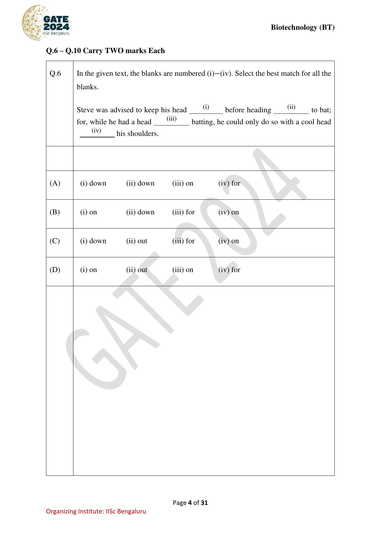 GATE 2024 Biotechnology (BT) Question Paper - Page 4