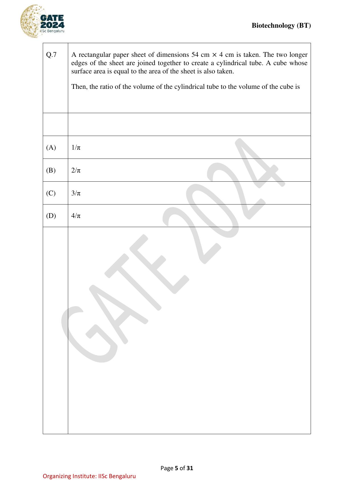GATE 2024 Biotechnology (BT) Question Paper - Page 5