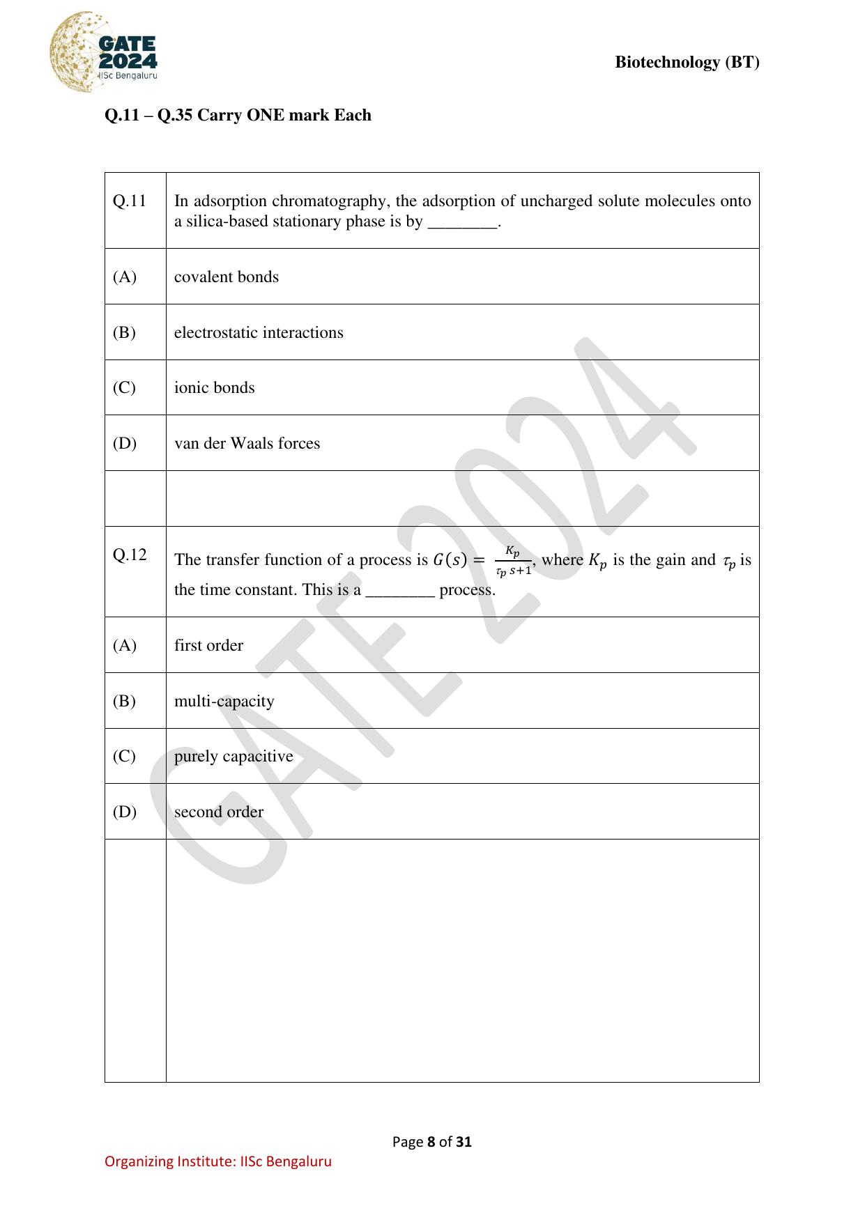 GATE 2024 Biotechnology (BT) Question Paper - Page 8