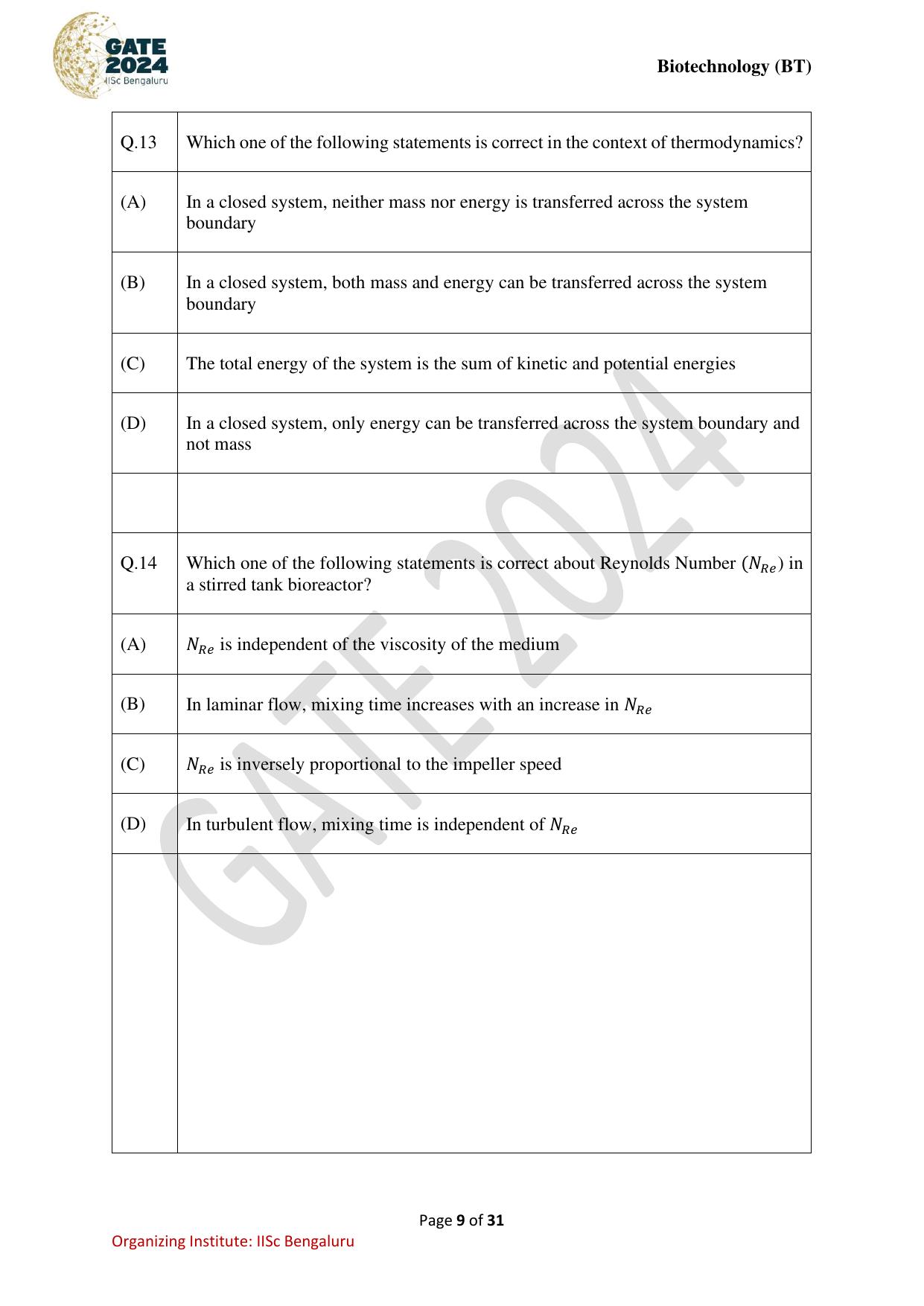 GATE 2024 Biotechnology (BT) Question Paper - Page 9