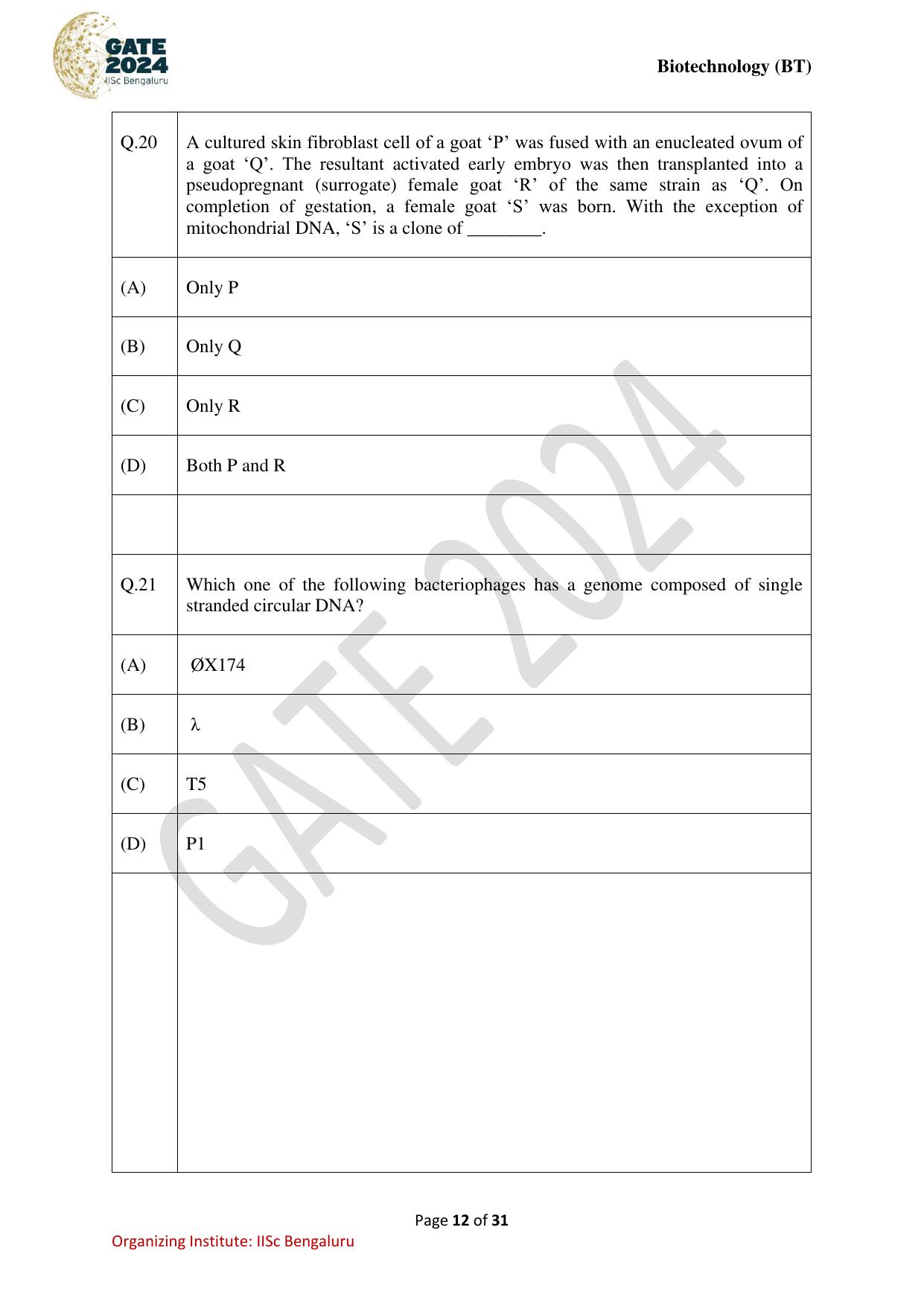 GATE 2024 Biotechnology (BT) Question Paper - Page 12