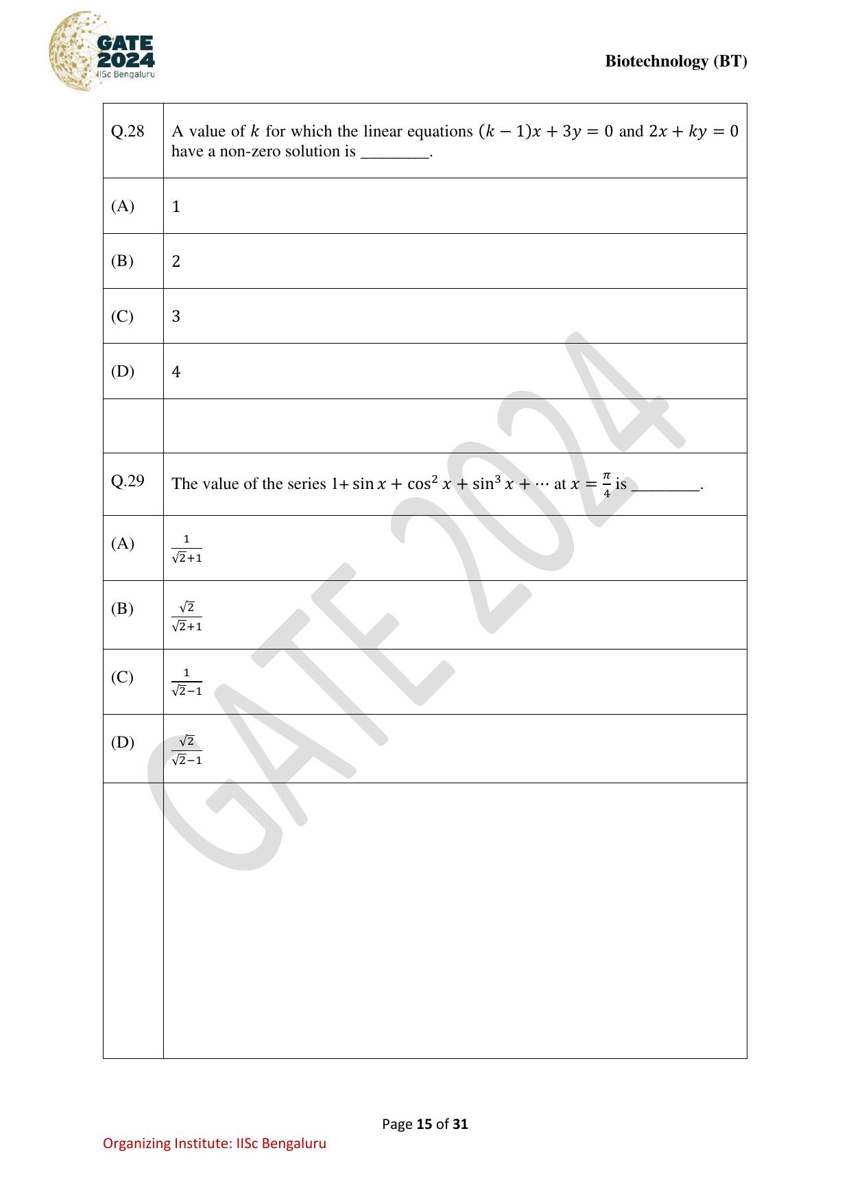 GATE 2024 Biotechnology (BT) Question Paper - Page 15