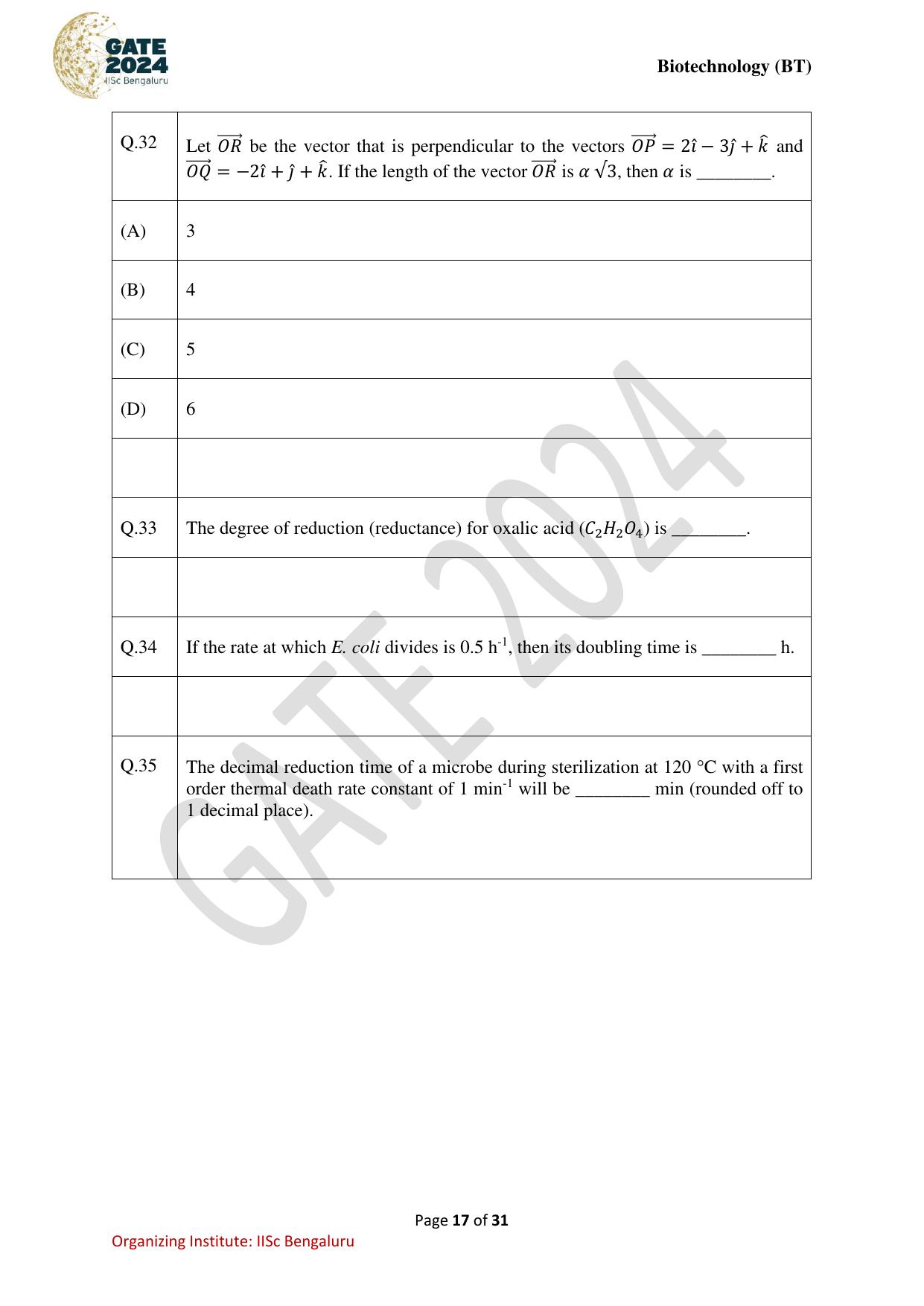 GATE 2024 Biotechnology (BT) Question Paper - Page 17