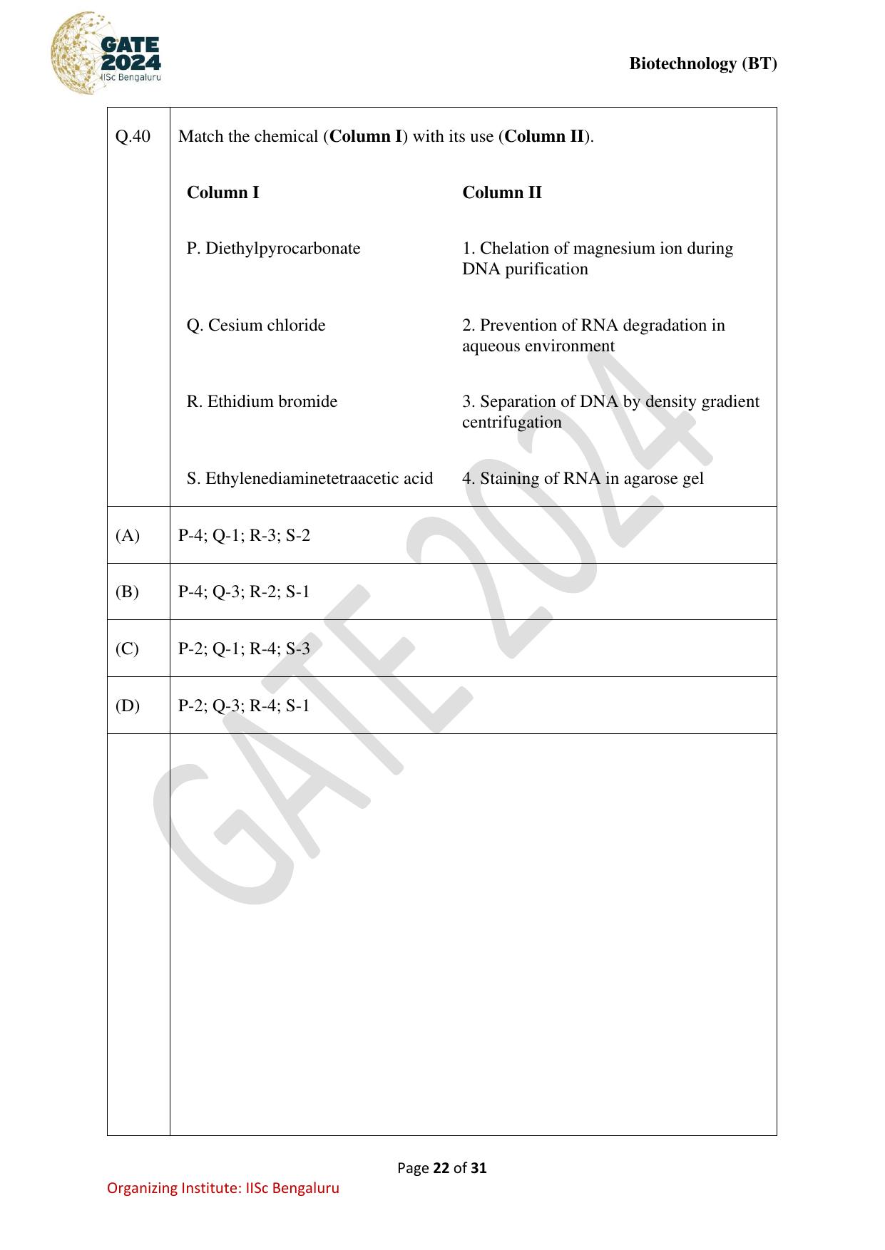 GATE 2024 Biotechnology (BT) Question Paper - Page 22