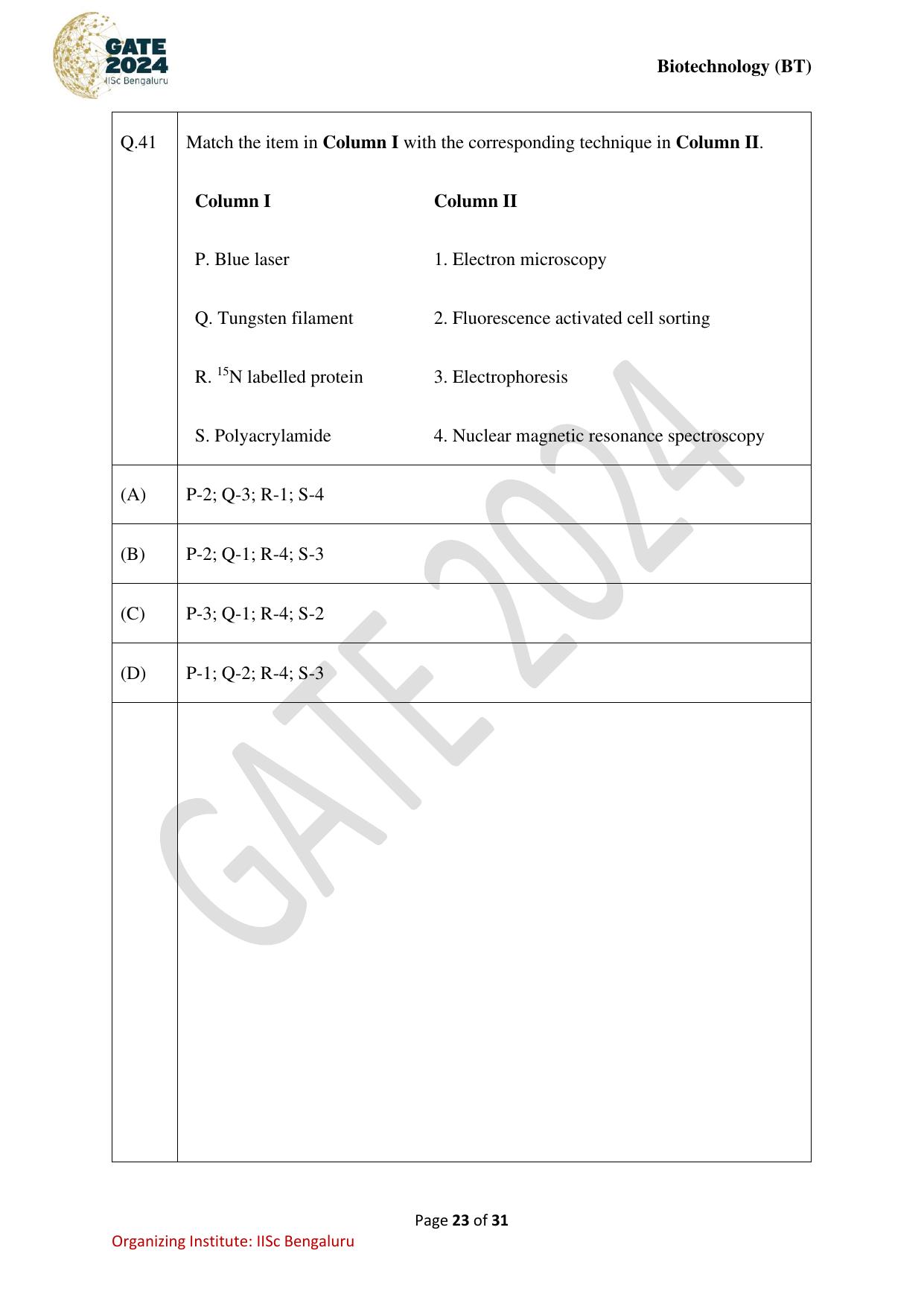 GATE 2024 Biotechnology (BT) Question Paper - Page 23