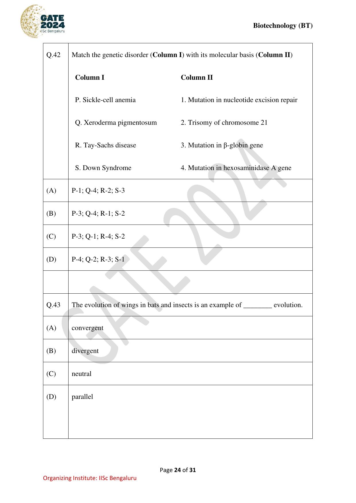 GATE 2024 Biotechnology (BT) Question Paper - Page 24